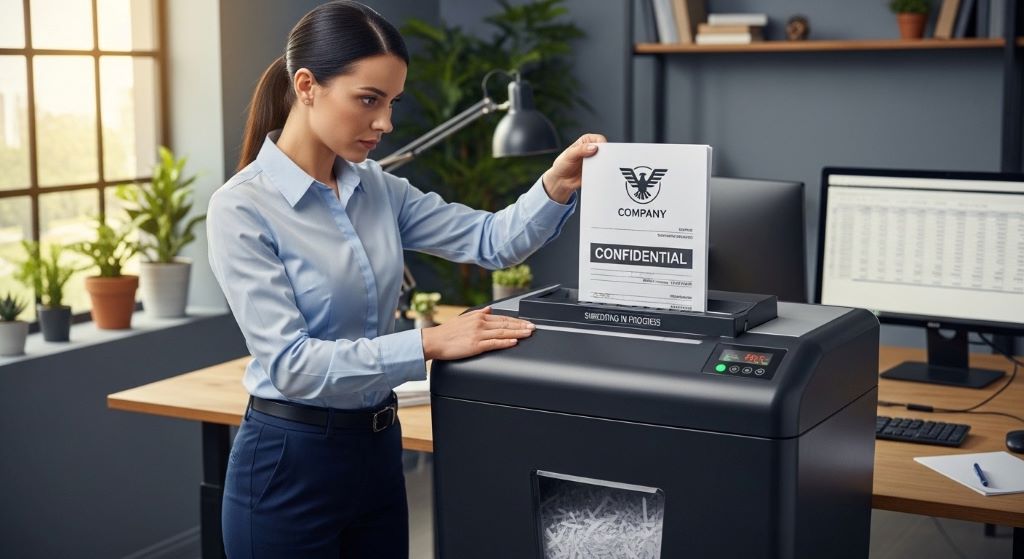 Office worker using high-security micro-cut shredder to safely dispose of sensitive financial documents and data