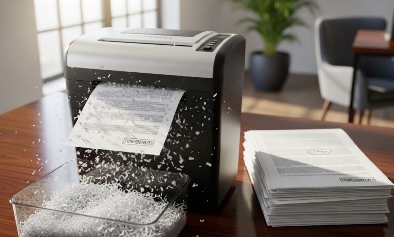 Micro-cut shredder destroying confidential business documents into tiny security particles in modern office setting