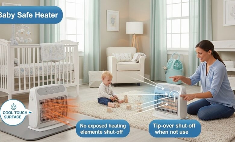 Baby nursery with safe oil-filled radiator heater placed 3 feet from crib