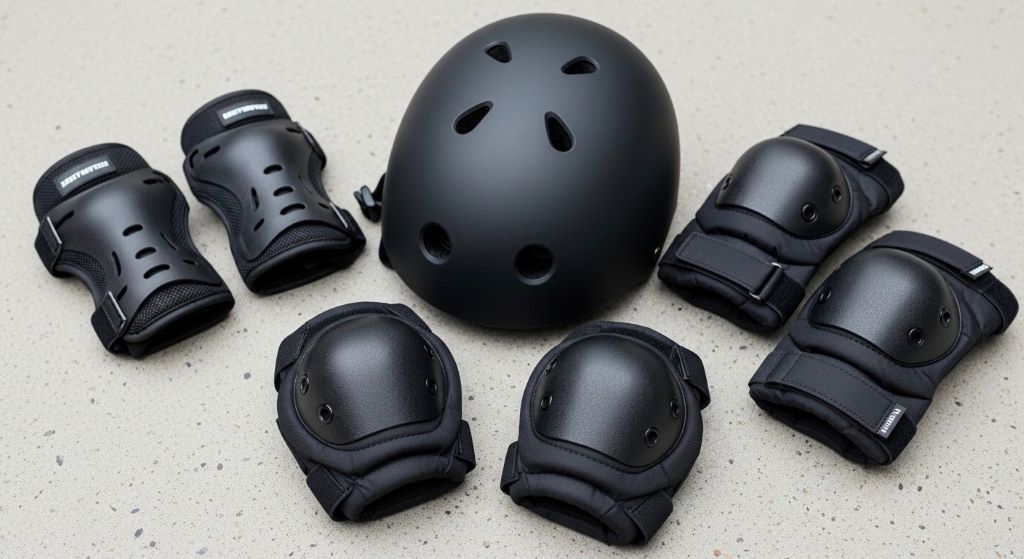 Close-up of high-quality skate safety equipment set including black helmet, wrist guards, knee pads, and elbow pads arranged on concrete surface