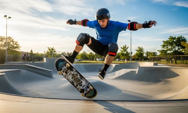 Male skater wearing complete protective gear including helmet, knee pads, elbow pads, and wrist guards while performing trick at skate park