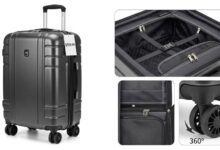 Durable budget suitcase with spinner wheels and expandable compartments showing quality construction under one hundred dollars