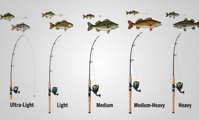 Comparison of fishing rod power ratings from ultra-light to heavy showing bend characteristics and suitable target fish species