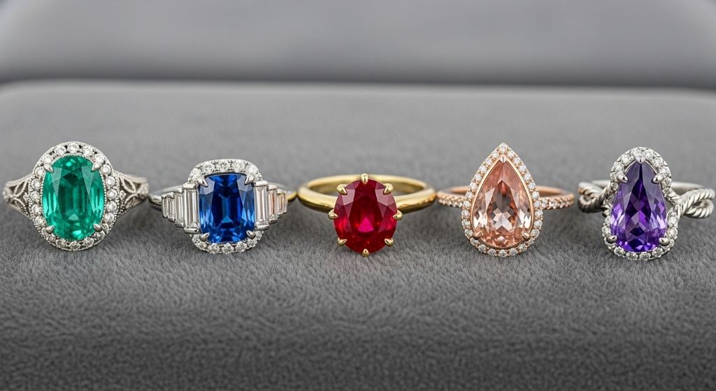 Close-up comparison of popular gemstone engagement rings featuring different colored stones in various settings and styles