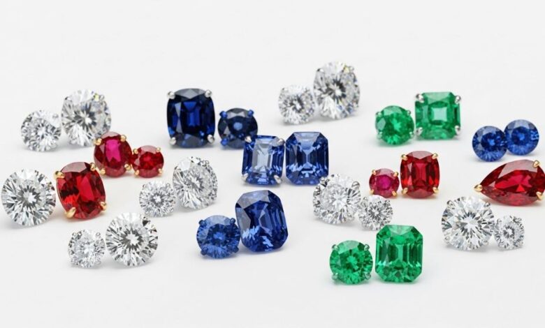 Assortment of colorful engagement ring stones including diamonds, sapphires, rubies and emeralds displayed on white background
