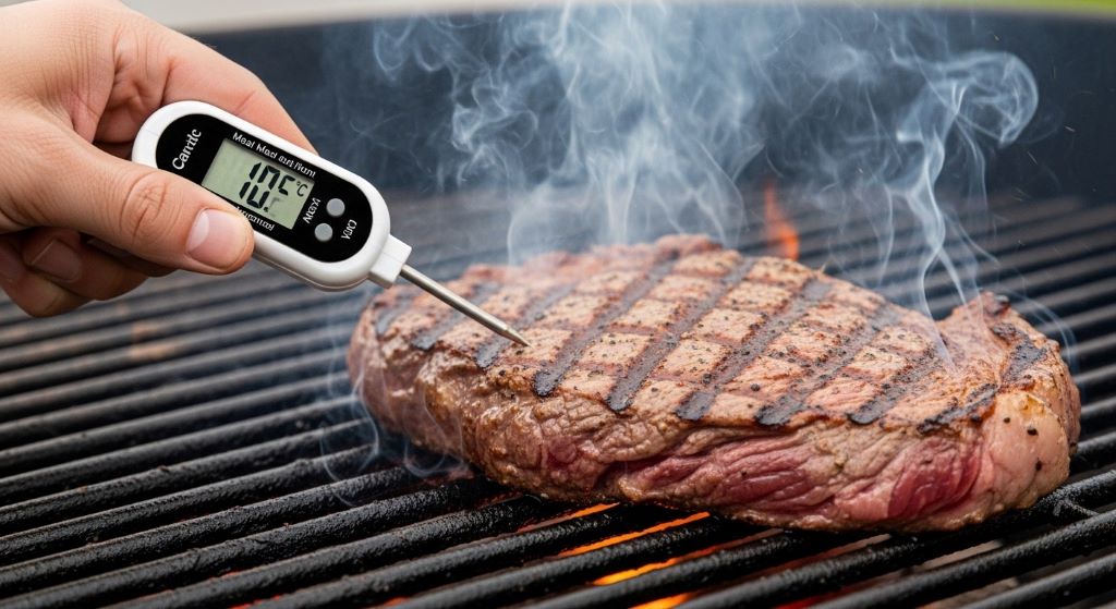 Hand holding digital meat thermometer checking temperature of steak on grill demonstrating proper probe placement for accurate reading