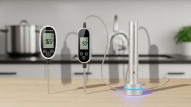 Three types of meat thermometers displayed side by side showing instant-read, probe, and smart thermometer designs for cooking comparison