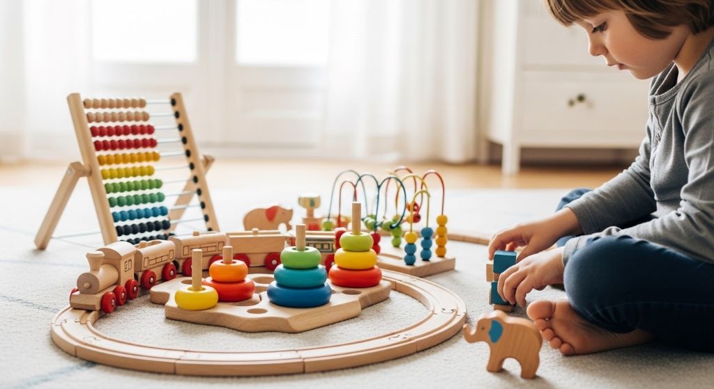 Child playing with classic long-lasting wooden toys including train set and stacking rings showing quality sustainable alternatives to plastic items