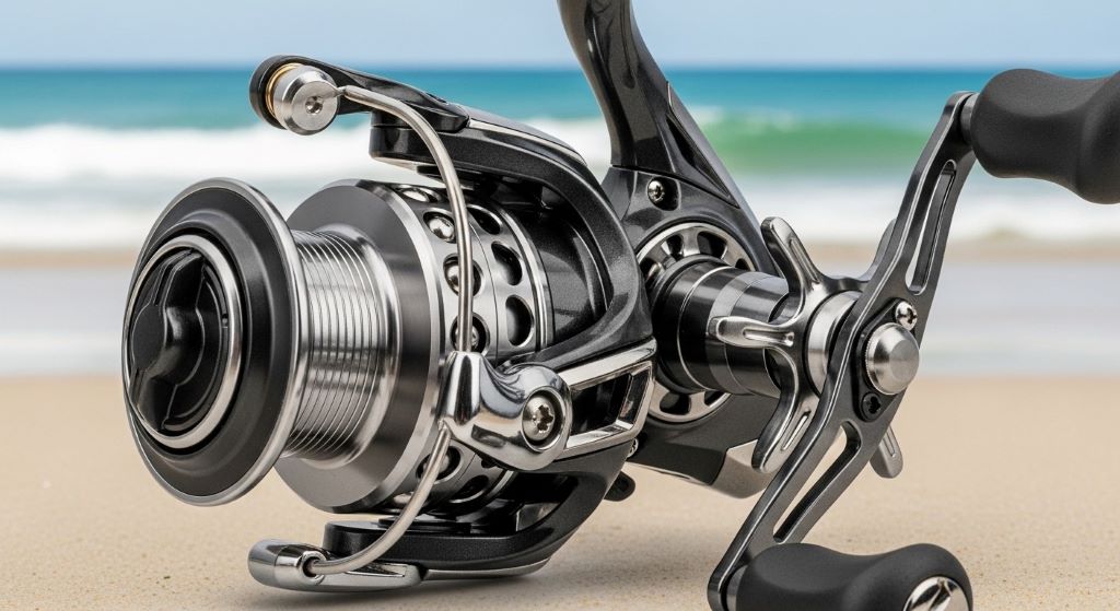 Close-up view of saltwater spinning reel showing sealed drag system and multiple bearings designed for beach fishing applications