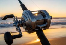 Large spinning reel with corrosion-resistant coating mounted on surf fishing rod against beach background with ocean waves