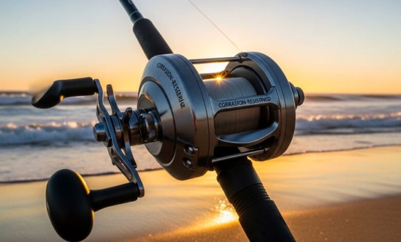 Large spinning reel with corrosion-resistant coating mounted on surf fishing rod against beach background with ocean waves
