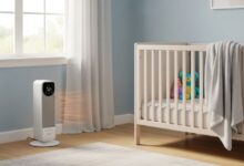 Modern ceramic space heater with digital thermostat and safety features positioned safely in baby nursery room with crib