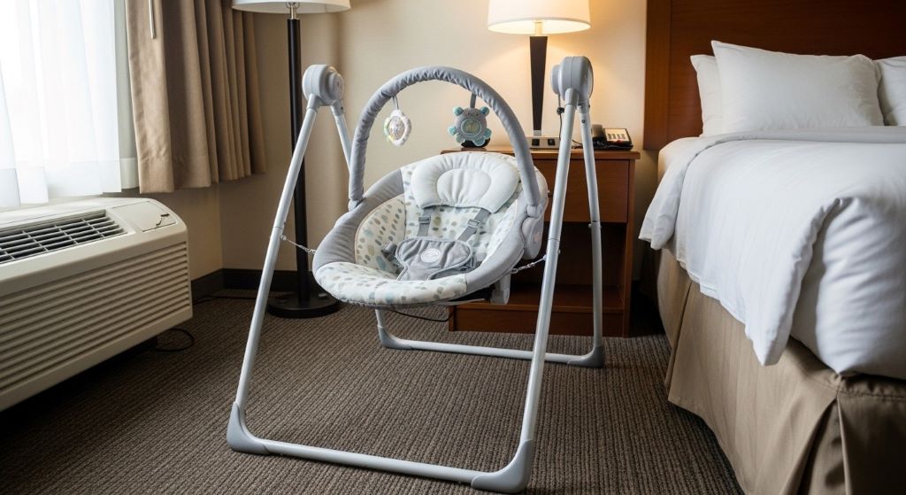 Portable baby swing set up in hotel room showing lightweight frame and comfortable infant seat with safety harness