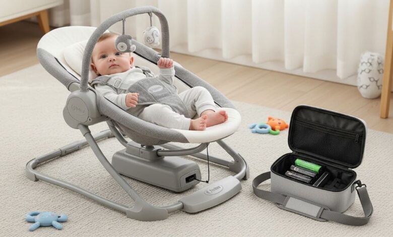 Compact foldable baby swing with carrying case and battery compartment ideal for travel with infants