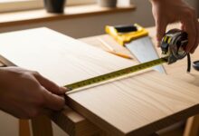 Person using retractable tape measure to measure wooden board for home DIY project