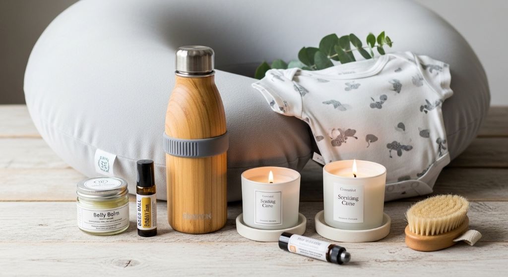 Collection of useful maternity gifts including pregnancy pillow, water bottle, and wellness products for expecting mothers