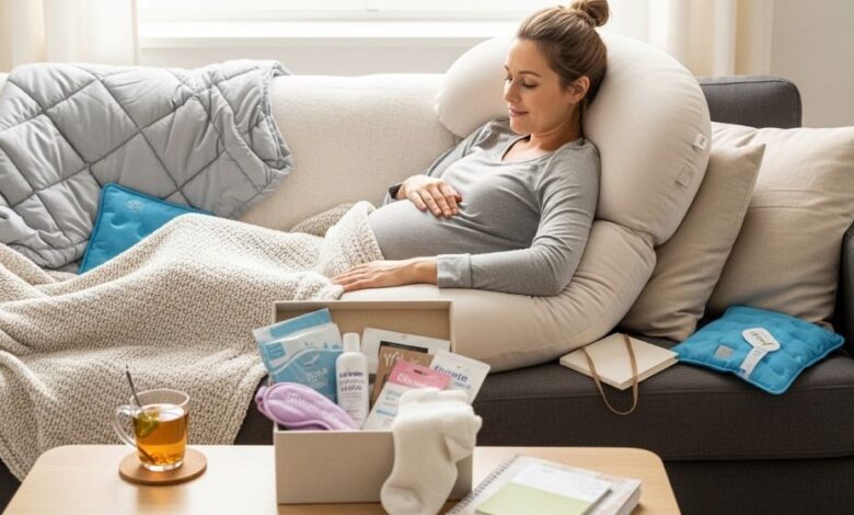 Pregnant woman relaxing with maternity pillow and comfort items showing practical gifts for everyday pregnancy needs