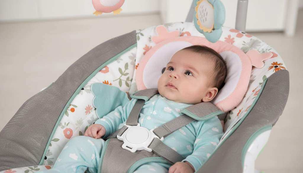 Secure five-point harness on baby swing with soothing toys attached