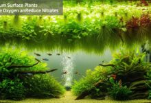 Amazon frogbit roots absorbing nitrates from freshwater aquarium with visible root system extending into water column