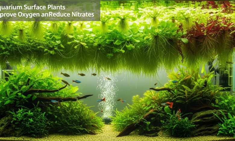 Amazon frogbit roots absorbing nitrates from freshwater aquarium with visible root system extending into water column