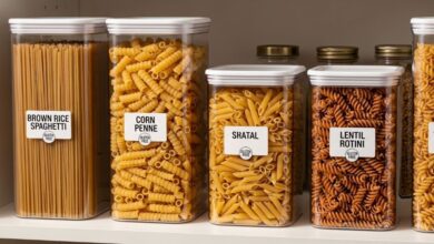 Variety of affordable gluten-free pasta types including brown rice spaghetti, corn penne, and lentil rotini displayed in clear storage containers