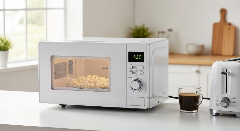 Compact value microwave on kitchen counter demonstrating space-efficient design and practical features