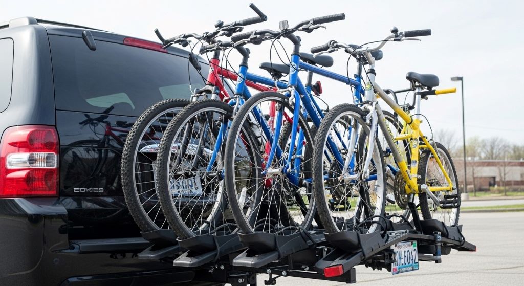 Hitch-mounted bike rack with multiple bicycles secured by wheel trays and ratcheting arms