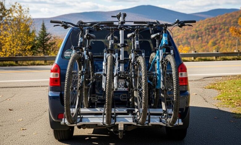 Four bikes loaded on platform-style hitch rack attached to SUV rear receiver for family cycling trip