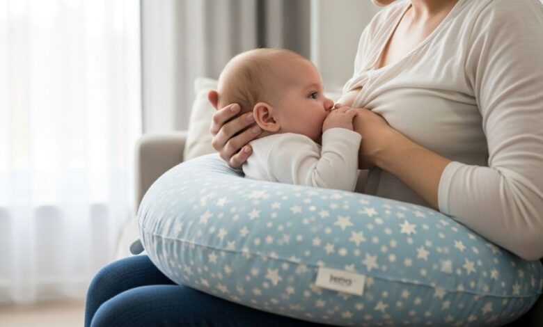 Nursing pillow supporting baby during feeding session with proper positioning