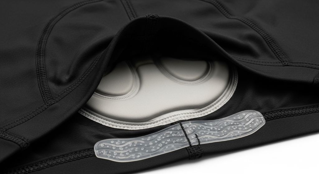 Close-up of entry-level bike shorts showing the chamois pad and silicone leg grippers designed for women cyclists