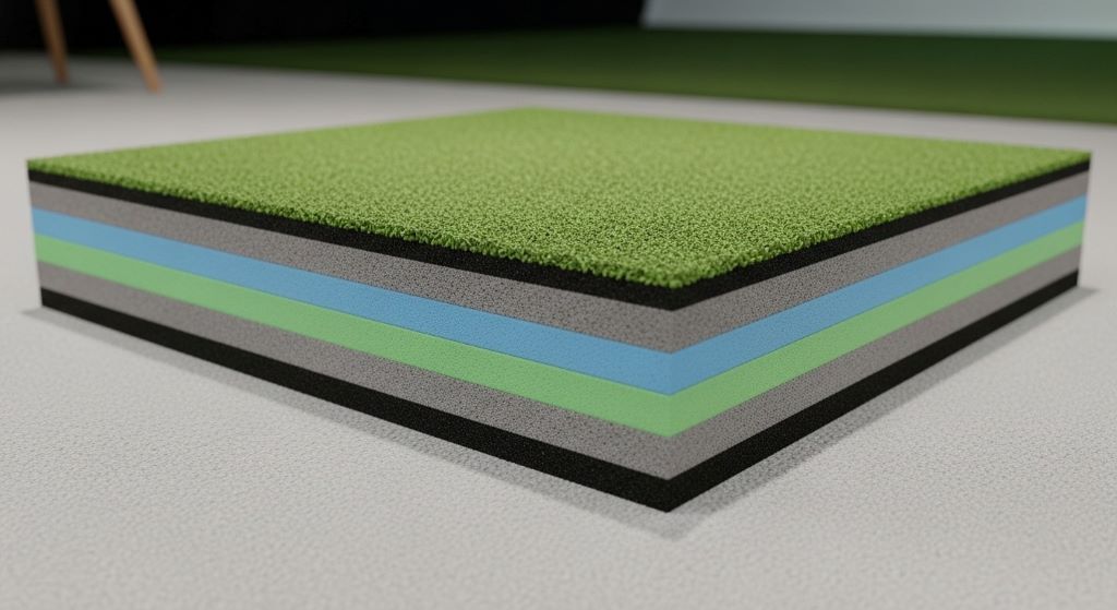 Multi-layer foam golf practice mat showing cushioned construction for indoor simulator use