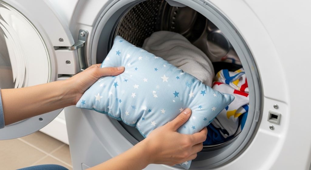 Parent placing a machine-washable toddler pillow into washing machine for easy cleaning and maintenance