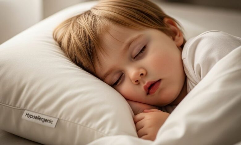 Toddler sleeping peacefully on a clean white washable pillow with hypoallergenic protection