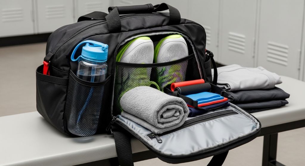 Open athletic training bag showing organized compartments with shoes, water bottle, towel and workout gear inside