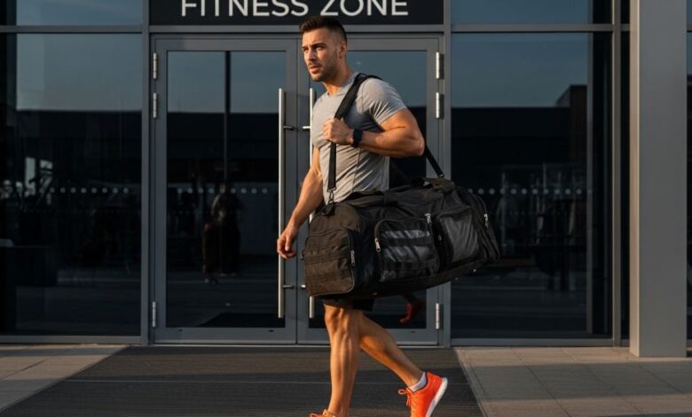 Athlete carrying black sports duffel bag with multiple compartments over shoulder while heading to gym