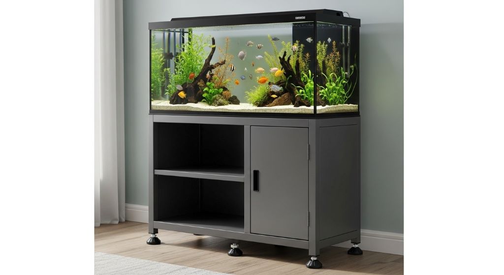 Budget-friendly metal aquarium cabinet with adjustable feet holding 40-gallon tank safely