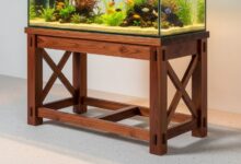 Sturdy wooden aquarium stand supporting large fish tank with proper cross-bracing and reinforced construction