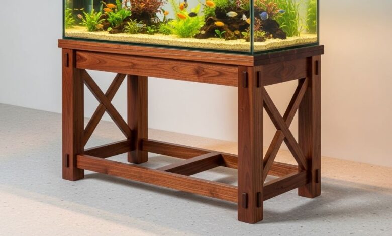 Sturdy wooden aquarium stand supporting large fish tank with proper cross-bracing and reinforced construction