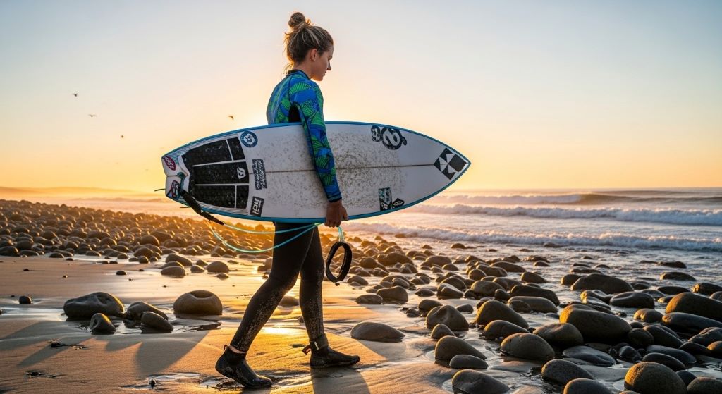 Female surfer wearing protective water shoes while carrying surfboard on rocky beach