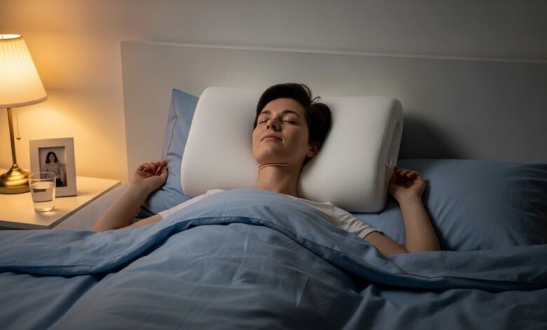 Back sleeper using firm supportive pillow with proper neck alignment and spinal curve