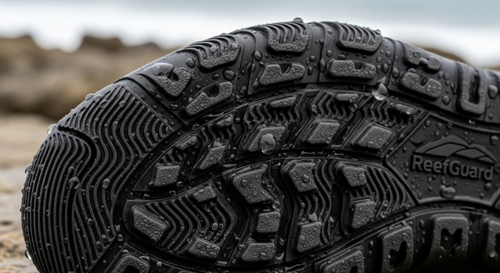 Close-up of anti-slip sole on reef-safe surf shoe showing textured tread pattern for grip on wet rocks