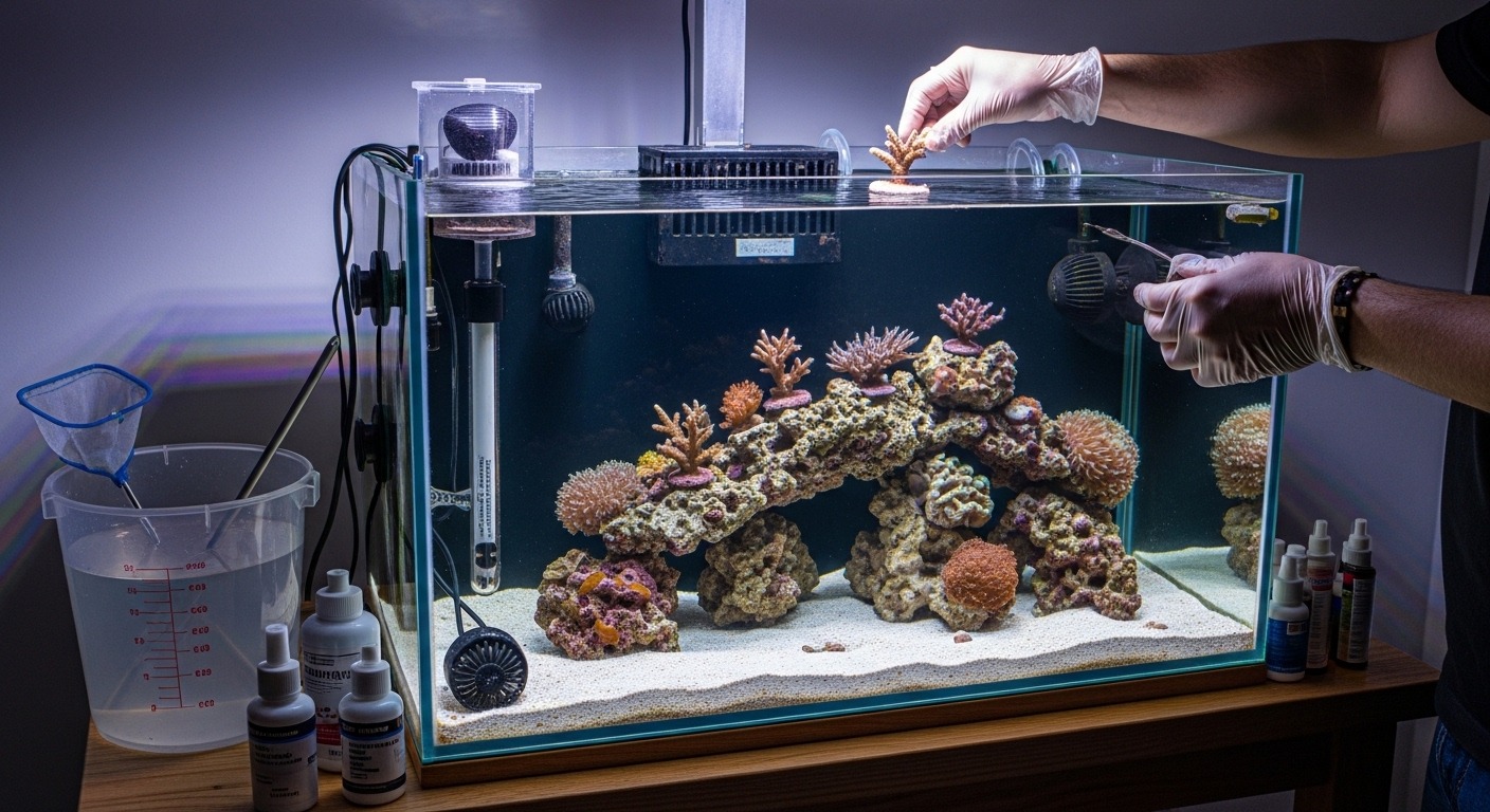 beginner reef aquarium tank setup with coral and marine fish
