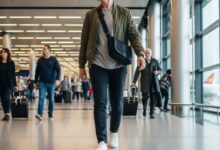 Traveler wearing a black crossbody bag while walking through a busy airport terminal