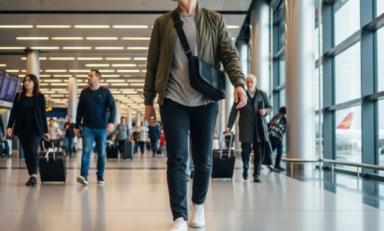 Traveler wearing a black crossbody bag while walking through a busy airport terminal