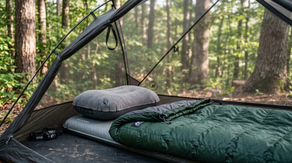 Close-up of a compact camping pillow and minimalist sleep system inside an ultralight tent at a forest campsite