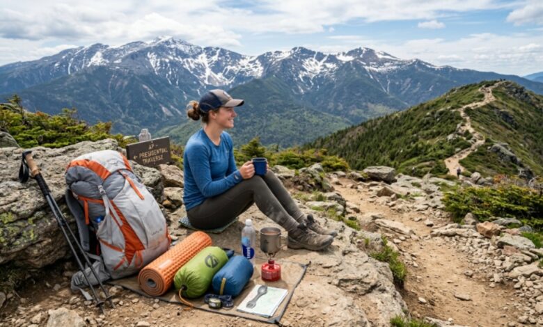 A hiker resting on a mountain trail with a lightweight backpack and compact camping gear laid out beside them