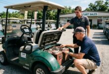 Buyer inspecting the battery pack of a used electric golf cart at an outdoor dealership on a sunny day