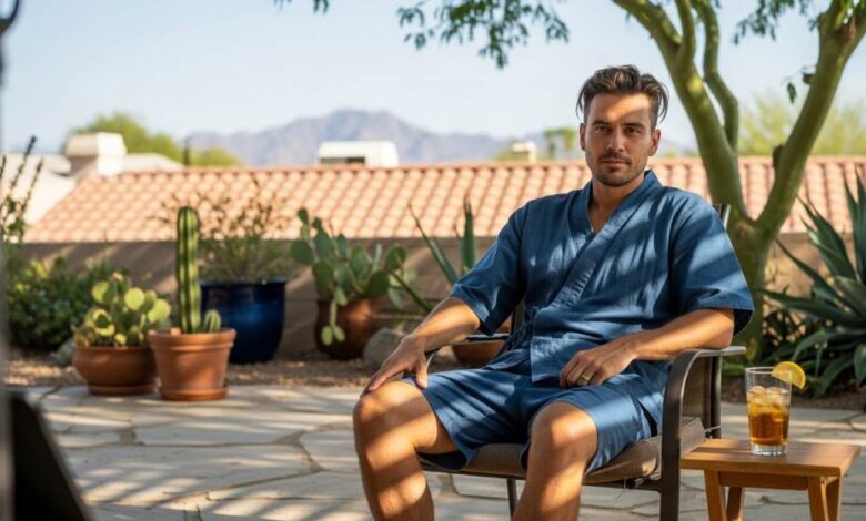 Phoenix man wearing traditional Japanese yukata indoors during summer