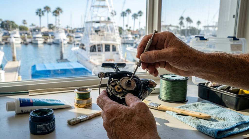 Saltwater fishing reels and rods drying indoors after surf fishing session in San Diego California