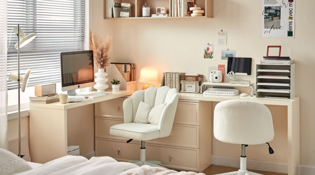 Affordable home office setup with a professional desk and ergonomic chair